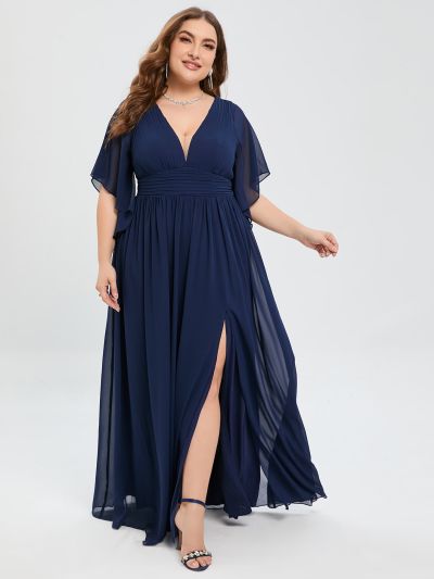 Plus Plunging Neck Split Thigh Chiffon Bridesmaid Dress