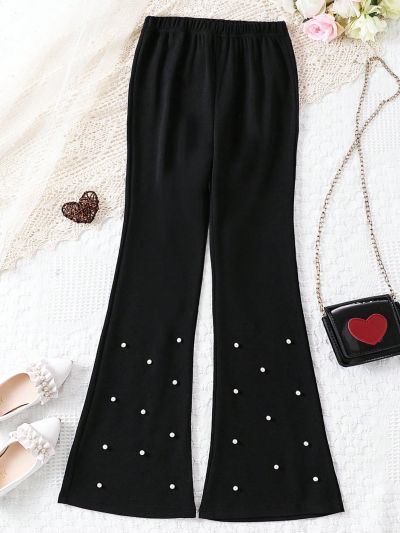 SHEIN Kids EVRYDAY Comfortable Knitted Pearl Beaded Flared Pants For Tween Girls, Autumn/Winter