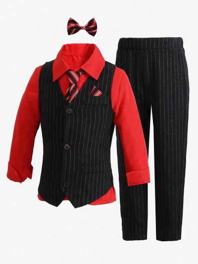 Young Boy 1pc Vertical Striped Waistcoat & 1pc Suit Pants & 1pc Tie Shirt & 1pc Bow