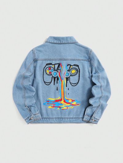 SHEIN Boys' Casual Loose Fit Irregular Cut Ripped Back Printed Denim Jacket