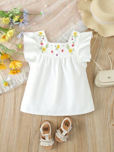 SHEIN Kids SUNSHNE Toddler Girls' Lotus Leaf Short Sleeve Blouse With Floral Embroidery Front Panel For Vacation & Casual Wear, Summer