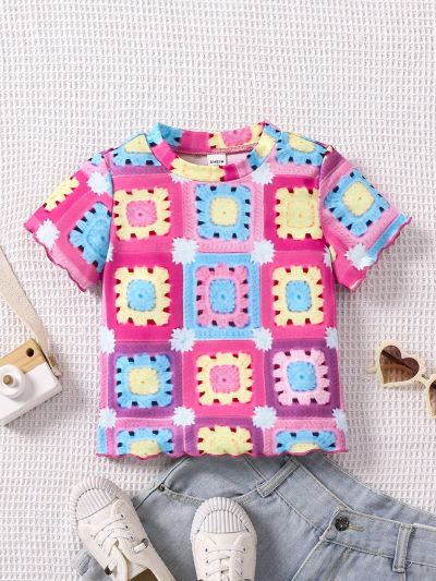 SHEIN Kids SUNSHNE Girls' Colorful Crochet Flower Print Short Sleeve T-Shirt For Vacation