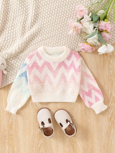 Baby Girls' Gradient Wave Striped Round Neck Pullover Sweater