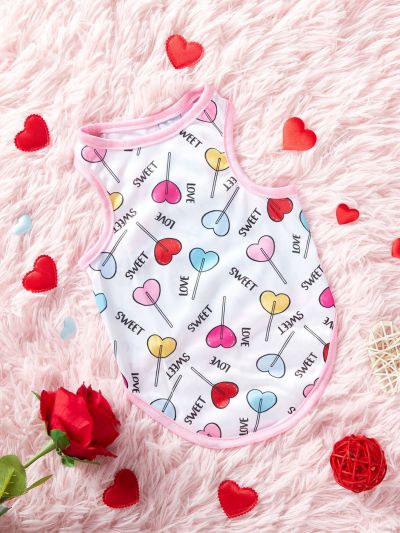 PETSIN 1pc Valentine's Day Love-Heart Lollipop & Dopamine Molecule Print Pet Cat & Dog Patterned Tank Top