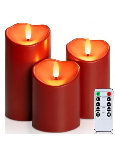3PCS  Red Burgundy Flameless Candles, Waterproof Flickering Flameless Candles, Electric Fake Plastic Candles, Outdoor Battery Operated LED Pillar Candles with Remote Timer, D3 x H4 5" 6"
