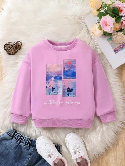 SHEIN Little Girls' Slogan Printed Round Neck Sweatshirt