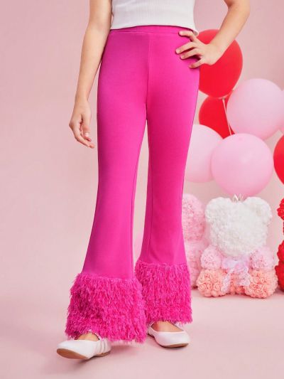 SHEIN Kids CHARMNG Tween Girls' Stretchy Flared Pants With Knit Patchwork And Furry Material, Elastic High Waist