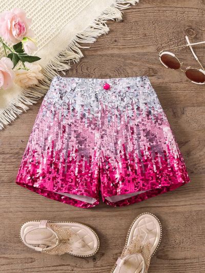 SHEIN Kids Y2Kool Young Girl Color Block Glitter Shorts