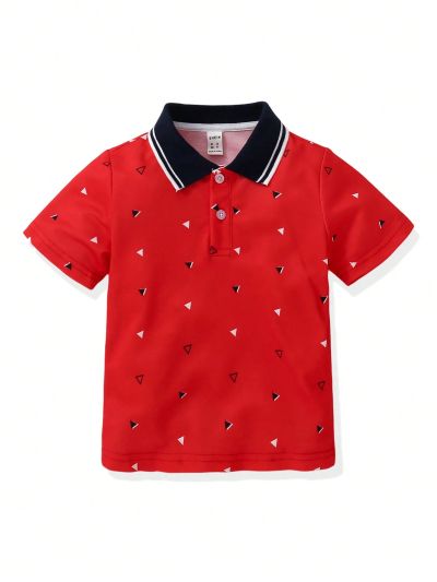SHEIN Kids Academe Toddler Boys' Daily Comfortable Geometric Print Short Sleeve Polo Shirt For Spring And Summer