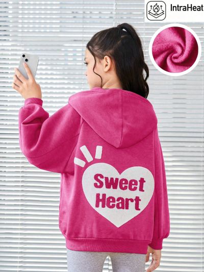 SHEIN Girls' Loose Fit Love Print Raglan Sleeve Hoodie With Fleece Lining For Casual Wear