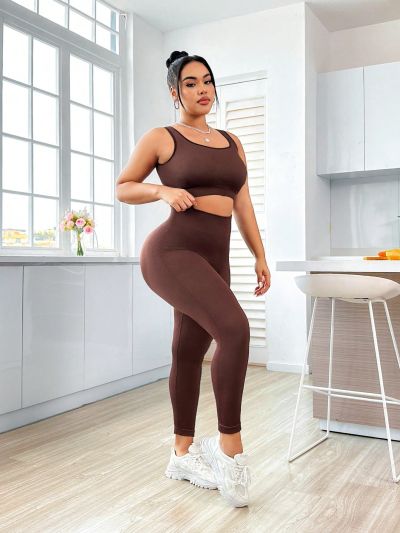 Yoga Basic Plus Size Women's Racerback Tank Top And Leggings Sports Set