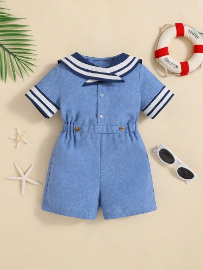 SHEIN Baby Boy's Navy Collared Colorblock Striped Short Sleeve Romper