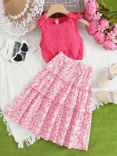 Girls Bow Shoulder Tank Top & Ditsy Floral Print Frill Trim Skirt