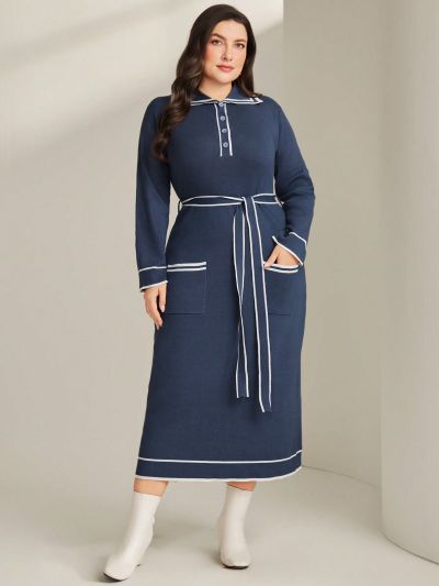 SHEIN Mulvari Plus Size Color Block Sweater Dress With Contrast Binding And Waist Belt