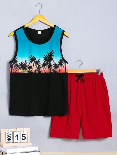 SHEIN Teen Boys' Casual Sports Coconut Tree Print Sleeveless Knitted Vest And Solid Woven Shorts Set