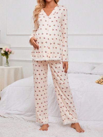 Maternity Cherry Print Long Sleeve Top And Pants Pajama Set
