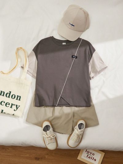 SHEIN Kids KDOMO Tween Girls' Letter Print Patch Contrast Color Loose Fit Casual Round Neck Drop Shoulder Tee With Rolled Hem