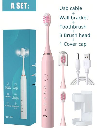 1pc Electric Toothbrush With 3 Replaceable Heads, Usb Rechargeable, 5 Cleaning Modes, Bathroom Wall Mounted Holder With Storage Rack, Travel Toothbrush Head Cover, Sonic Toothbrush Ipx7 Waterproof, Teeth Whitening & Oral Health Care, Suitable For
