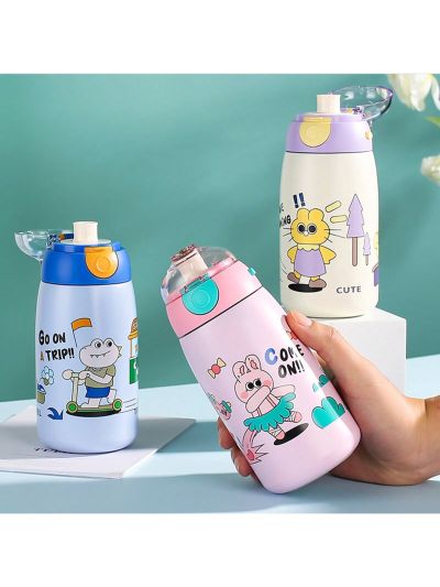 1pc 500ml Large Capacity Reusable 316 Stainless Steel Water Bottle, Cute Cartoon Insulated Cup, Perfect For Kids' School, With Straw & Handle, Portable Water Container For Travel, Birthday & Christmas Gift
