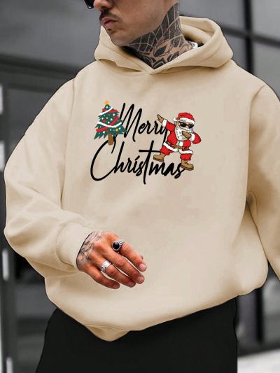 Manfinity Loose Fit Men's Christmas Themed Hooded Sweatshirt With Warm Lining