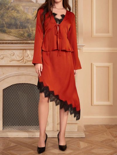 Anewsta Women's Elegant Lace Patchwork Top And Skirt Set