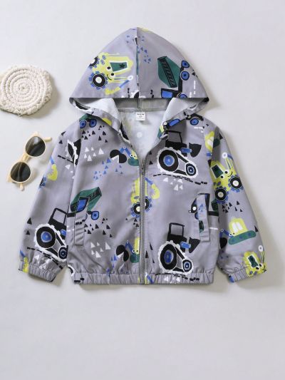 Toddler Boys' Casual Car Printed Zip Up Hooded Jacket With Long Sleeves For Spring/Summer/Autumn