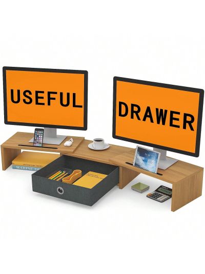 Dual Monitor Stand Riser with Drawer, Adjustable Length and Angle Monitor 2 Solts for Phone & Tablet, Desktop Organizer Stand for Computer/Laptop/PC/Printer