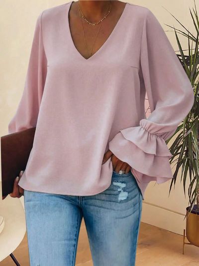 Plus Size V-Neck Double Layered Ruffle Hem Sleeve Cuff Blouse