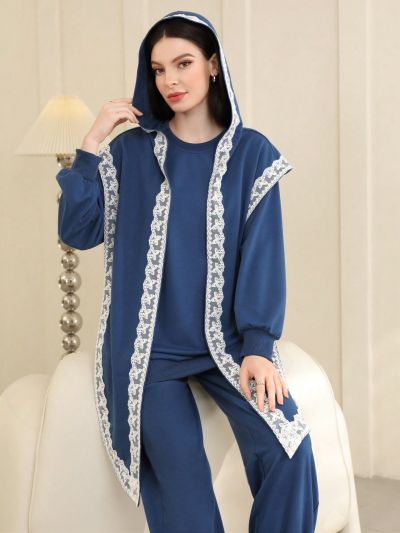 SHEIN Mulvari Women'S Lace Patchwork Hooded Top With Solid Color Sweatshirt And Sweatpants Set
