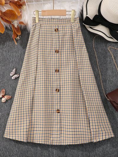 SHEIN Kids QTFun Girls' Casual Plaid Skirt For Autumn And Winter