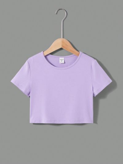 SHEIN Kids EVRYDAY Tween Girls' Knitted Crew Neck Casual Short Sleeve T-Shirt