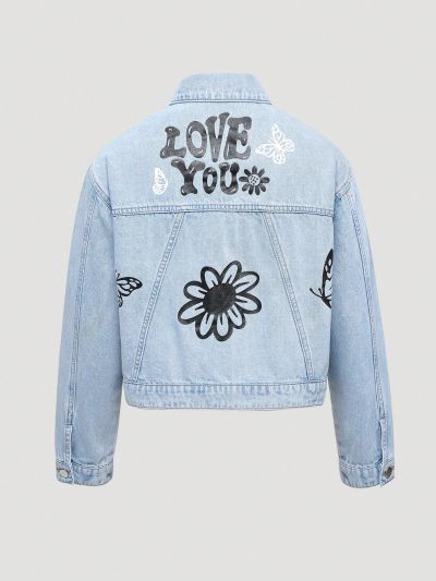 Teen Girl Floral & Slogan Graphic Flap Pocket Denim Jacket