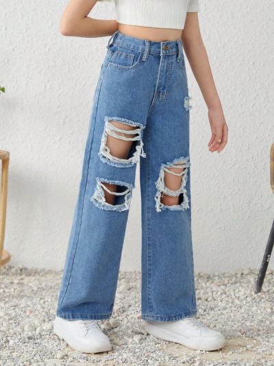 SHEIN Tween Girls' Spring Summer Boho Blue Washed Distressed Ripped Denim Wide Leg Jeans Pants,Girls Summer Bottom Clothes Outfits