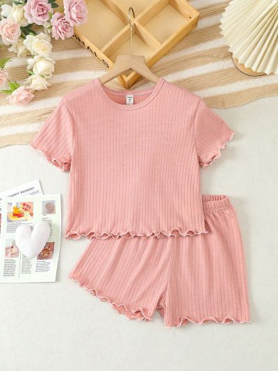 Tween Girls' Simple Casual Pink Ribbed Round Neck Short Sleeve T-Shirt & Shorts Homewear Set