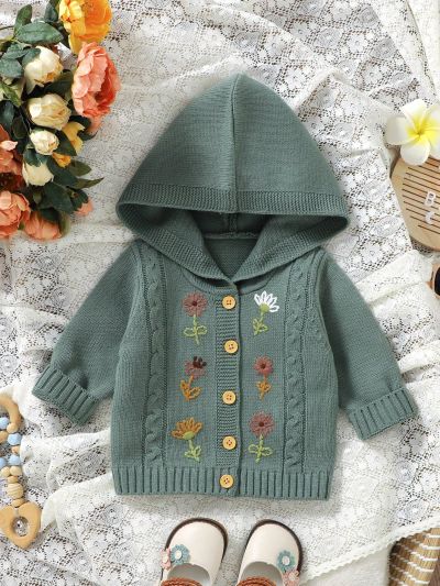 Infant Girls' Cute Embroidered Floral Hooded Cardigan With Towel Fabric For Fall/Winter