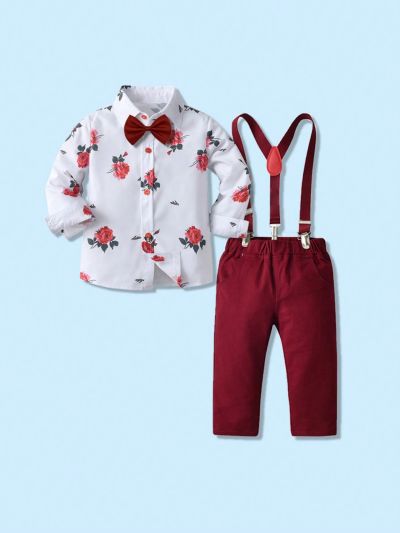 2pcs/Set Young Boy Formal Suit With Floral Print Shirt And Suspenders Pants For Casual Parties