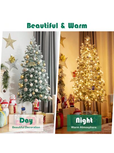 6ft Pre-Lit Artificial Hinged Pencil Christmas Tree Snow-Flocked w/ Metal Stand