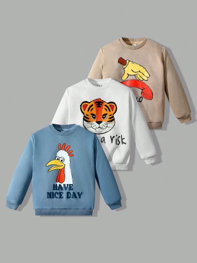 SHEIN Kids QTFun 3pcs/Set Toddler Boys' Casual Round Neck Sweatshirts With Lovely Cartoon Animal And Letter Prints