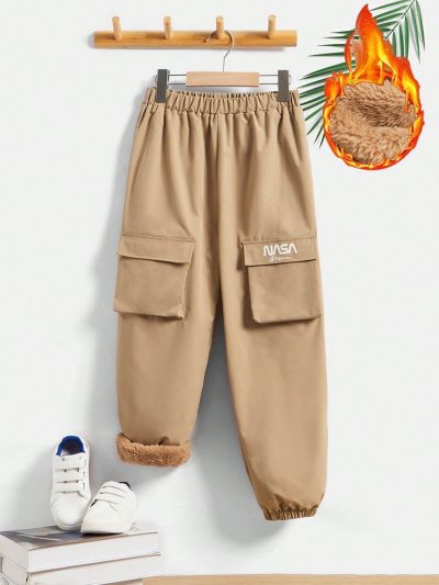 SHEIN Tween Boys' Casual Letter Printed Pattern Fleece Warm Leggings Pants