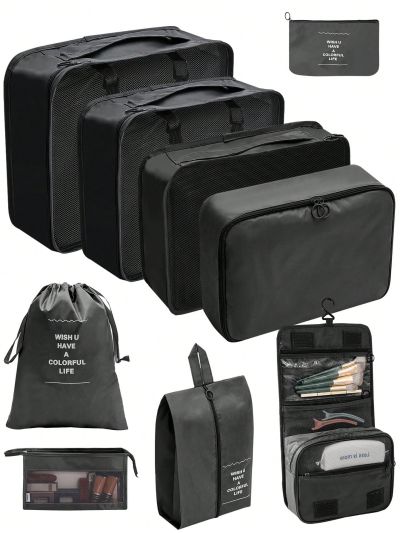 9pcs/set Polyester Travel Storage Bag, Modernist Black Slogan Graphic Travel Backpack For Travel
