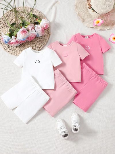SHEIN Baby Girl'S 6pcs/Set Casual Smiling Face Pattern Short Sleeve Top, Solid Shorts And Home Wear