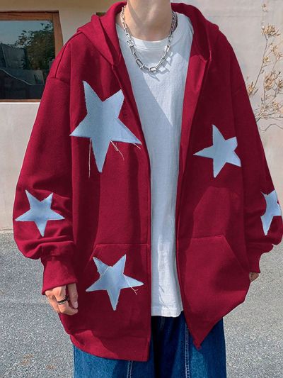 Manfinity Hypemode Men's Zipper Hooded Sweatshirt With Star Pattern Print