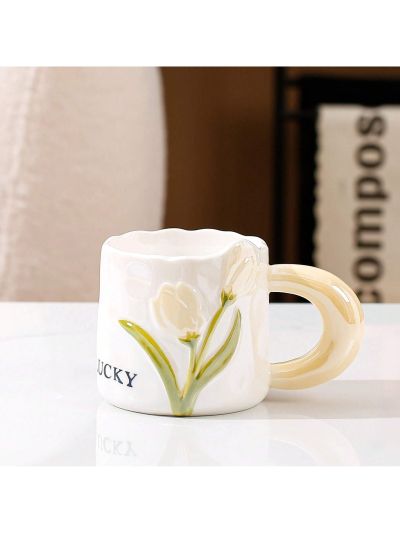 1pc Ceramic Coffee Cup, 13oz Women's Yellow Tulip Flower Printed Cup, Tea Cup, Mark Cup, Holiday Gift Cup, For Friends, Girlfriend, Bestie, Teacher, Suitable For Home And Office, Microwave And Dishwasher Safe