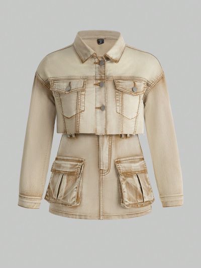 Girls' (big) Denim Suit, New Casual Fashion Workwear Style Washed Denim Suit