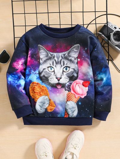 SHEIN Boys' Cute And Comfortable Fried Chicken, Ice Cream, And Cat Pattern Round Neck Sweatshirt
