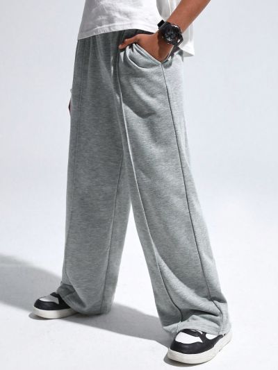 SHEIN Kids EVRYDAY Boys' Loose Casual Knitted Solid Color Straight Wide-Leg Sweatpants
