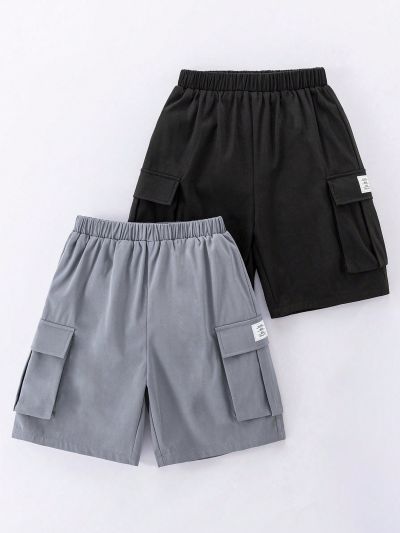 SHEIN Kids EVRYDAY 2pcs/Set Tween Boys' Loose Fit Casual Solid Color Woven Cargo Shorts
