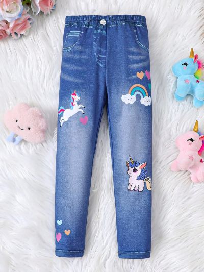 Young Girl Cartoon And Faux Denim Print Leggings