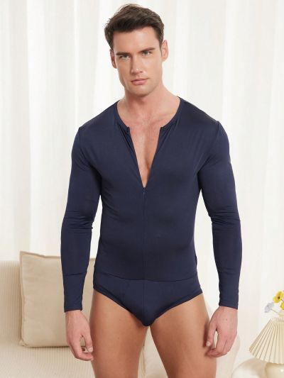 Men Solid Zip Front Lounge Bodysuit