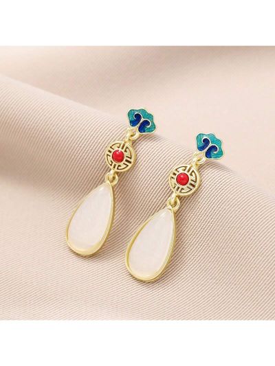 1pair New Chinese Style Vintage Cheongsam Dress & Water Drop Shaped Earrings